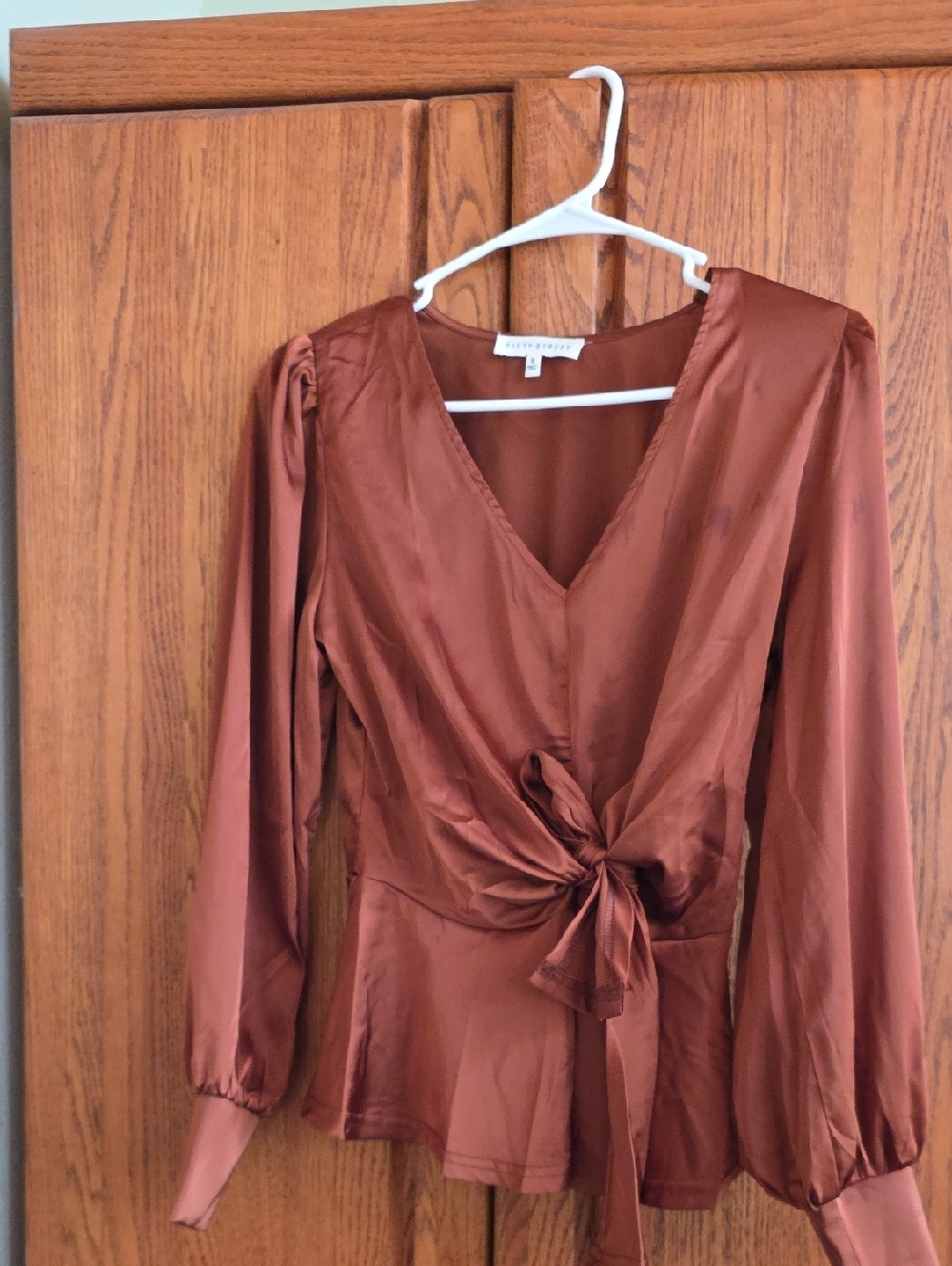 Tie-Front Long-Sleeve Satin Blouse Dress in Copper